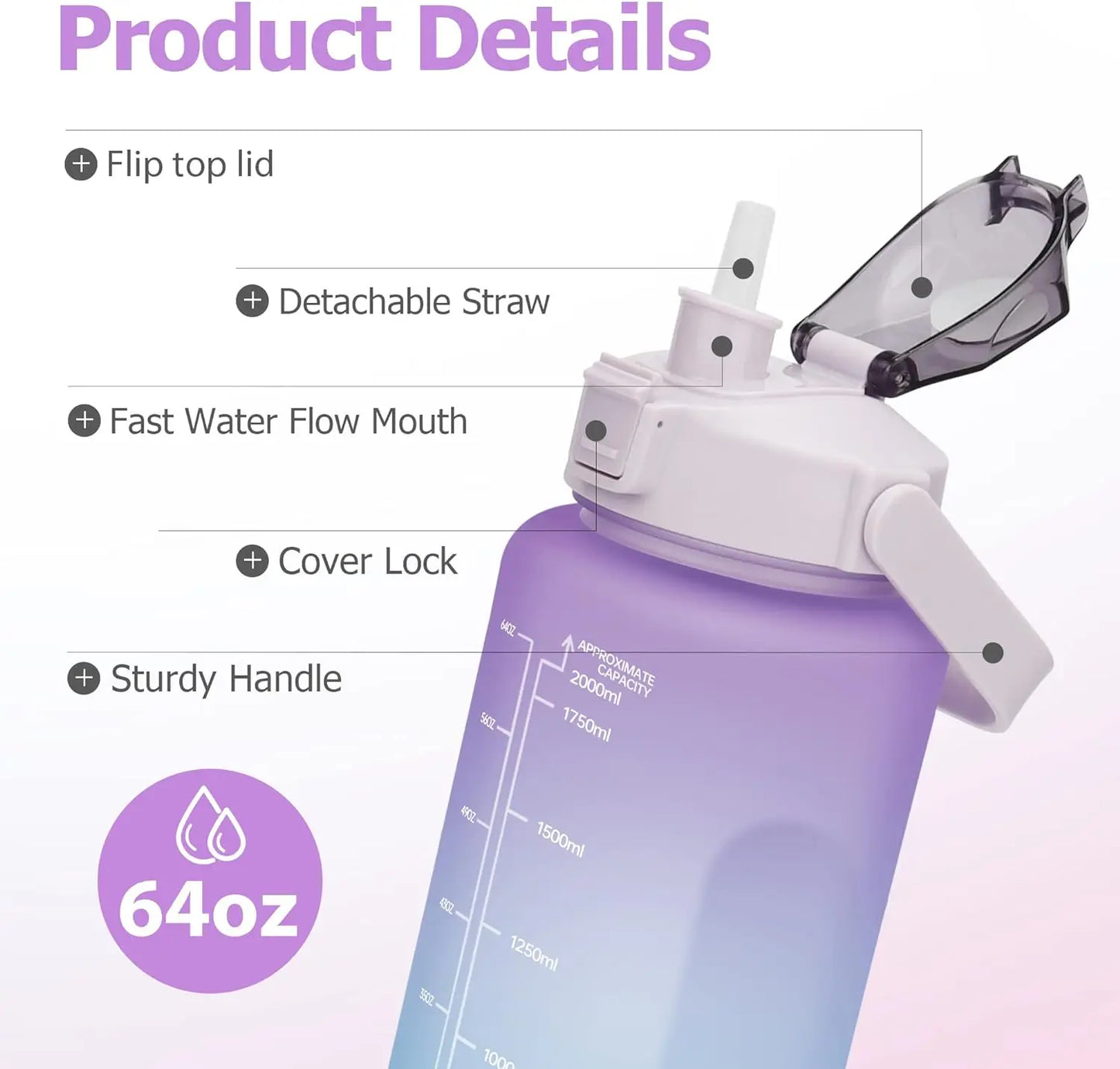 2L Water Bottle With Straw Large Capacity Sports Water Bottle Travel Fitness Sports Portable Drinking Bottles With Time Marker