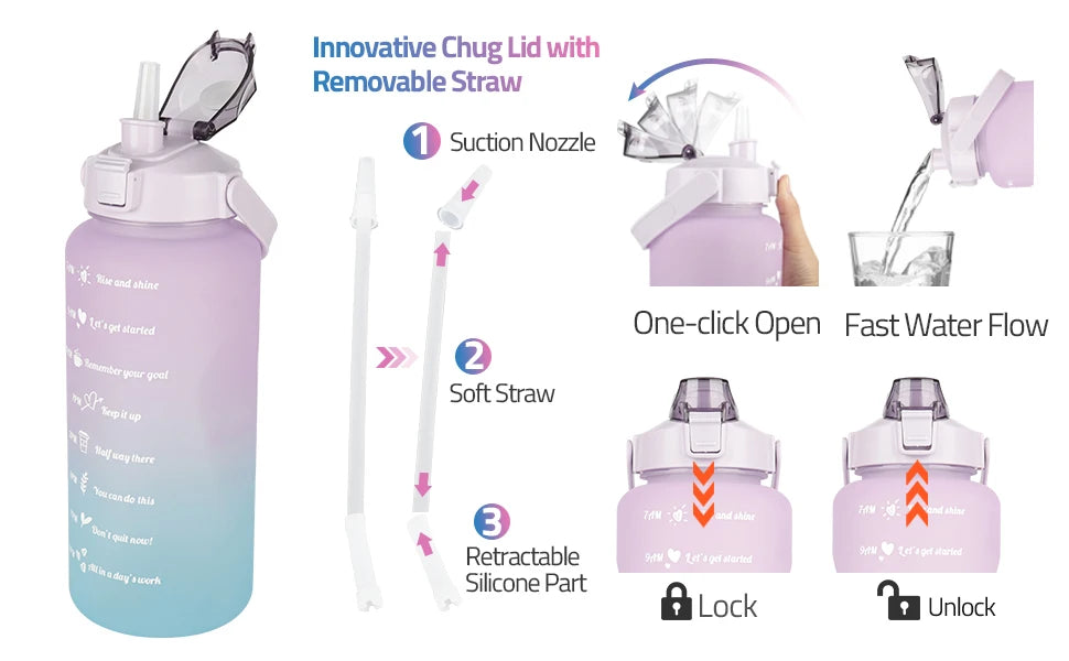 2L Water Bottle With Straw Large Capacity Sports Water Bottle Travel Fitness Sports Portable Drinking Bottles With Time Marker